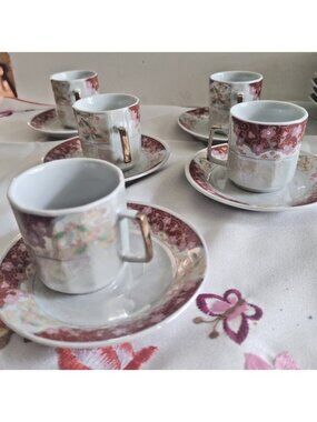 Vintage Fine Porcelain Demitasse Cup & Saucer sets (5) Stamped "You Sheng" 1935
